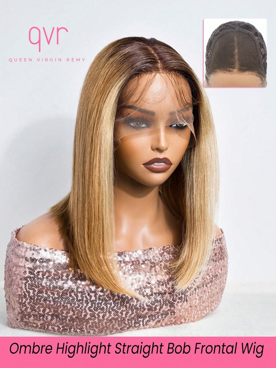 QVR QUEEN VIRGIN REMY QVR 高光泽波浪卷蕾丝前假发，真人发直发波浪卷蕾丝前假发，预先拔毛并带有婴儿发。 - S4/27/613 - 查看 1