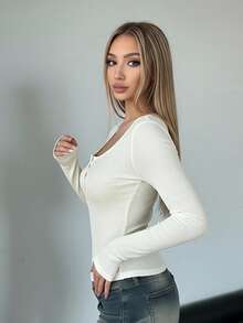 Womens Tops Fall Long Sleeve Square Neck Solid Color Casual Ribbed Slim Fit Upper Button Shirts - White - View 4