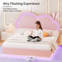 Floating Upholstered Bed Frame With LED Light, Cute Cloud Headboard For Girls, Sturdy Construction, Easy Assembly, No Box Spring Needed - Hồng - Xem 8