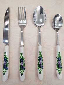 4/24件套精美蓝色玫瑰印花陶瓷柄不锈钢餐具，包括叉子、甜点勺、汤勺、牛排刀，独特优雅的餐具套装，适用于家庭、餐厅、厨房、日常用餐、派对和节日聚会。 - 銀色 - 查看 8