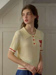 Simple Retro 女士春夏撞色3D花卉图案Polo领修身短袖上衣，优雅米色 - 米黃色 - 查看 1