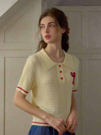 Simple Retro Women's Colorblock 3D Floral Pattern Polo Collar Short Sleeve Pullover Top, Elegant And Fitted, Suitable For Spring/Summer