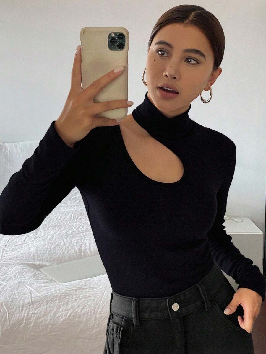 Livesso Cut Out Asymmetrical Neck Tee Going Out Tops,Fall Clothes Long Sleeve Women Tops Turtleneck Women - Black - View 1