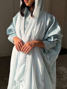 1 pezzo di elegante abito blu lucido stile arabo, cardigan elegante e raffinato con apertura anteriore, adatto per occasioni versatili quotidiane, festival e viaggi primaverili - celeste - Visualizzare 5
