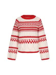 Joy Knit Women's Sweater Autumn/Winter Fashion New Style - All-Match Tops - Minimalist Casual Fashion Versatile - Loose Christmas Striped Round Neck Pullover Knit Top - Red and White - View 4
