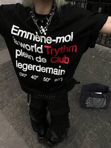 圆领短袖T恤，夏季新款字母印花，时尚休闲宽松女式上衣 - 黑色 - 查看 1