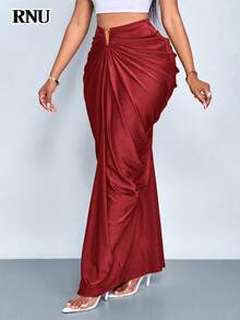 RNU 优雅女士派对时尚酒红色褶裥修身深V领缎面针织中长裙，适合情人节、狂欢节、新年、感恩节派对等场合。 - 紅色 - 查看 8