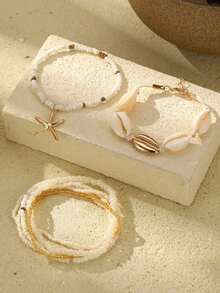 Women's Bohemian Style Starfish, Beach Shell And Rice Braid Bracelet, 7 Piece Set - Blanco - Ver 7