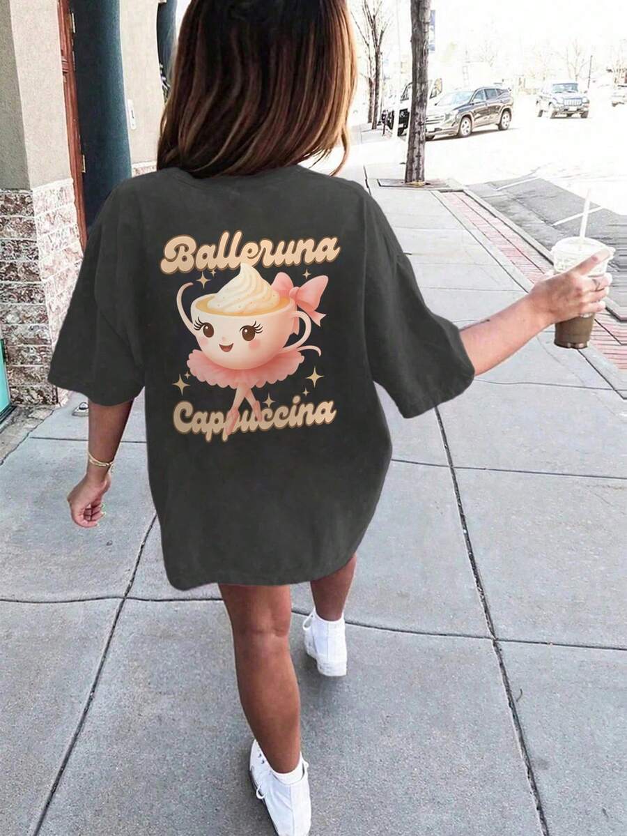 女童和青少年学生休闲印花深灰色圆领短袖T恤，夏季上衣 - 深灰色 - 查看 1