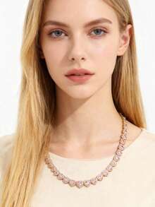 时尚优雅闪亮粉色心形项链手链套装，适合女士参加派对、日常佩戴、音乐节、情人节、节日礼物等场合。 - 時尚粉紅愛心項鍊 - 查看 3