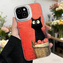Cubierta de teléfono con diseño de gato negro y cesta de frutas color rojo para iPhone estilo vintage ideal para amantes de los animales y decoración floral Aplicable a los teléfonos de la serie Apple y Galaxy - Blanco - Ver 7