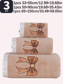 3条装珊瑚绒吸水刺绣星空蝴蝶结装饰柔软纤维浴巾/手巾，时尚爆款设计，适用于浴室、酒店、健身房、旅行、礼品、沙龙、运动、户外、海滩、学校、返校季、旅行配件、家居用品 - 卡其色 - 查看 13