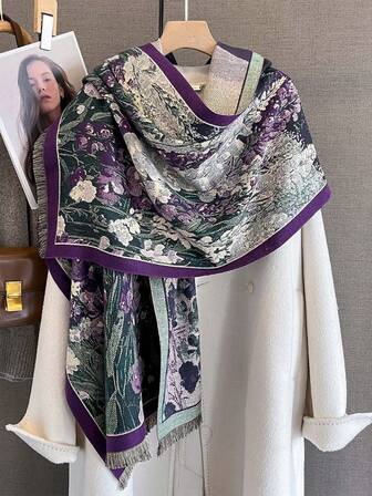 1pc Elegant High-End Oil Painting Style Floral Landscape Pattern Jacquard Warm Scarf For Women, Versatile For Air-Conditioned Rooms In Autumn/Winter, Fashion Neck Warmer Shawl Suitable For Daily Matching