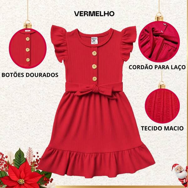 Vestido Infantil Menina Verão Luxo ✨Com Laço Babados e Botões Confortável e Elegante para Igreja, Passeios e Festas de Fim de Ano Cores 2026