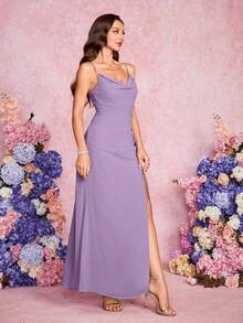 Volly Toych Dusty Purple Classy Sleeveless Maxi Bridesmaid Dress Featuring Cowl Neck Draped Chiffon And Stylish Split Thigh For Special Occasions - Dusty Purple - View 5