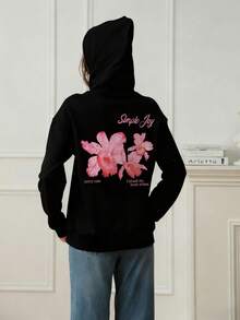 Women's Casual Graphic Print Loose Fit Thermal Lined Sweatshirt, Winter - Black - View 2