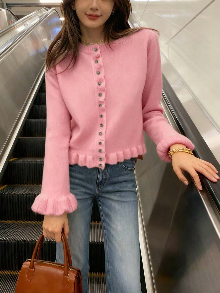 2025 New Elegant Women Round Neck Ruffle Layered Pleated Knit Sweater, Versatile Casual, Autumn/Winter, Solid Gray - Pink - View 8