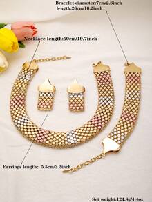1 set de bijoux vintage dorés pour femmes, fabriqués en matériau composite de fer, comprenant un collier, des boucles d'oreilles et un bracelet colorés, convenant pour les vacances, les mariages et les fêtes - Doré - Voir 2