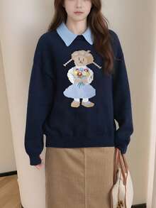 Women's Autumn/Winter Pullover Sweater, Colorblock Collar, Graphic Design - Navy Blue - View 4