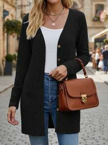 女士休闲纯色双口袋针织开衫毛衣外套，秋冬 - 黑色 - 查看 2