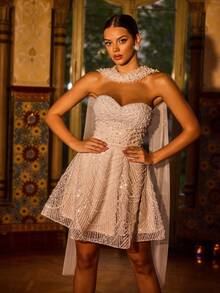 Luxury Strapless Mini Dress With Beaded Sequins And Tulle Sashes For Red-Carpet Events, Wedding Receptions, And Evening Galas. - Apricot - View 8