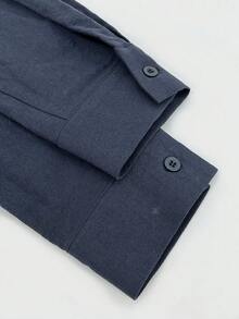 Women's Fashion Loose Casual Comfortable Solid Color Long Sleeve Shirt Spring - Navy Blue - View 9