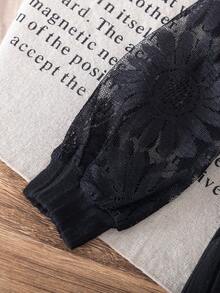 Girls Casual Solid Color Lace Mesh Sleeve Patchwork Dress + Matching Belt - Black - View 6