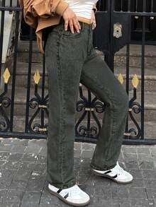 女士休闲浅蓝色直筒牛仔裤，带口袋，无弹力面料，适合日常穿着 - 藏蓝色 - 查看 3