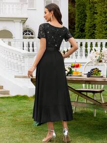 MIUSOL Đầm dạ hội thanh lịch cổ chữ V đính sequin và ren, phối màu tương phản, chất liệu chiffon, xếp ly, thích hợp cho khách dự đám cưới, tiệc tối trang trọng và các dịp khác. Màu đen, thích hợp cho mùa hè. - màu đen - Xem 3
