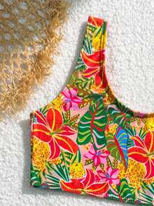 Young Girl Tropical Plant Print 3 PiecesSwimsuit Set: Vest, Shorts, And Split Skirt - Multicolor - View 4