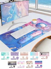一款精美的大理石纹腕托鼠标垫+键盘支架+游戏鼠标垫+杯垫，加厚防滑设计，带腕托，办公电脑防滑鼠标垫，男女通用，学习用品，办公用品，返校季游戏鼠标垫
