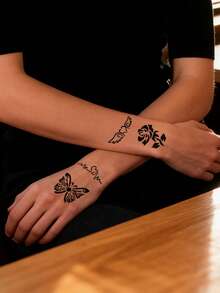 4pcs Multi-Pattern Hollow Tattoo Stickers, A4 Large Size Butterfly Rose Figure Design, Personalized Customization, Semi-Permanent Tattoo Template Stickers - Black - View 4