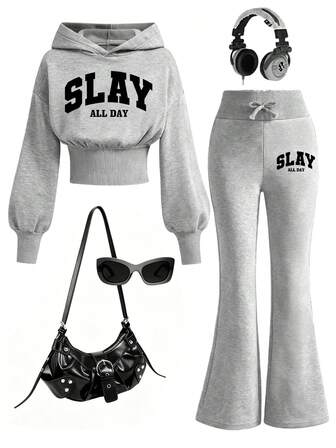 Tween Girl Letter Graphic Hoodie Sweatshirt And Flare Pants Set