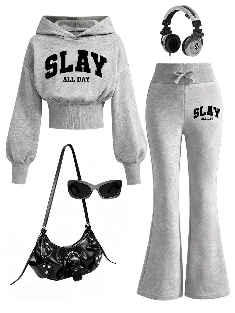 Tween Girl Letter Graphic Hoodie Sweatshirt And Flare Pants Set - Grey - View 1
