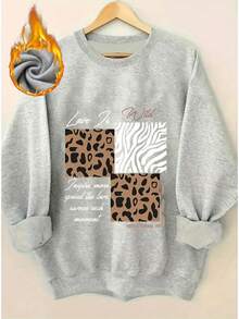 2026 Women's Pink & Brown Animal Print Sweater, Leopard Zebra Pattern With Wild Love Feminine Power Letters, Thick Fleece Velvet Crew Neck, Loose All-Season Layering Top, Machine Washable Winter Fashion Piece,End Of Season,Final Stock,Fan Favorite,Valentine Outfits For Women,Spring,Summer Outfits For Women.,Valentine Outfits For Women,Spring,Summer Outfits For Women.Women Long Sleeve Sweatshirts Plus Size Spring Break Summer Tops For Women Relaxed Daily Outfit. - 淺灰色 - 查看 5