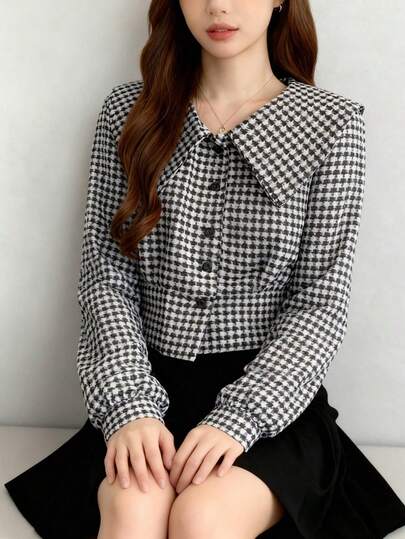 千鸟格图案个性化翻领短衬衫 黑色 春季