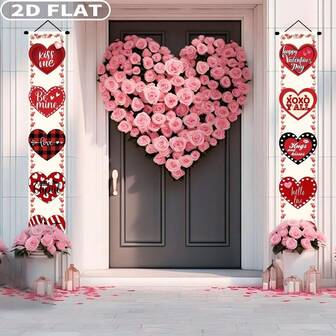 2D FLAT 1pair Valentine's Day Party Packs Door Banner Set With Hanging Rods And Ropes, Polyestyer Love Heart Decor Valentine Hanging Front Porch Welcome Sign Banner 1x6 FT Romantic Door Hanging Banner For Valentine Day Outdoor Decor
