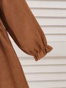 Young Girls Autumn 2pcs Set Solid Color Fur Bow Sleeveless Vest + Corduroy Casual Dress - Brown - View 4