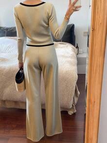 Livesso 女士撞色针织上衣和阔腿裤两件套，秋季家居服套装 - 杏色 - 查看 2
