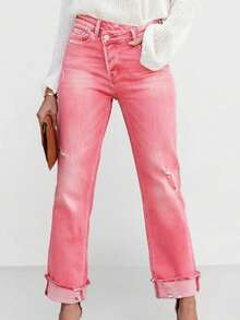 Elegant Women's Straight-Leg Jeans With Button, Zipper, Pockets And Distressed Details, Suitable For Party Or Casual Everyday Wear Pink - Pink - View 2