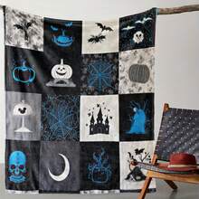 1 Sdoo Gothic Halloween Blanket - Printed With Spooky Bats, Pumpkins, Haunted House And  - Soft Flannel For All Seasons On Bed, Sofa, Travel Or Camping - Retro Multicolor Checkered Design - Gray With Blue Spider Web And Jack-O-Lanterns Lighting: Ideal Gift For Nightmare Before Christmas Fans - 彩色 - 查看 1