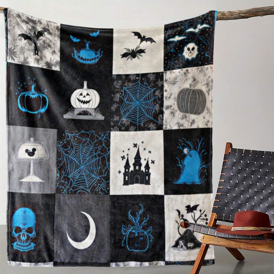 1 Sdoo Gothic Halloween Blanket - Printed With Spooky Bats, Pumpkins, Haunted House And - Soft Flannel For All Seasons On Bed, Sofa, Travel Or Camping - Retro Multicolor Checkered Design - Gray With Blue Spider Web And Jack-O-Lanterns Lighting: Ideal Gift For Nightmare Before Christmas Fans - 彩色 - 查看 1
