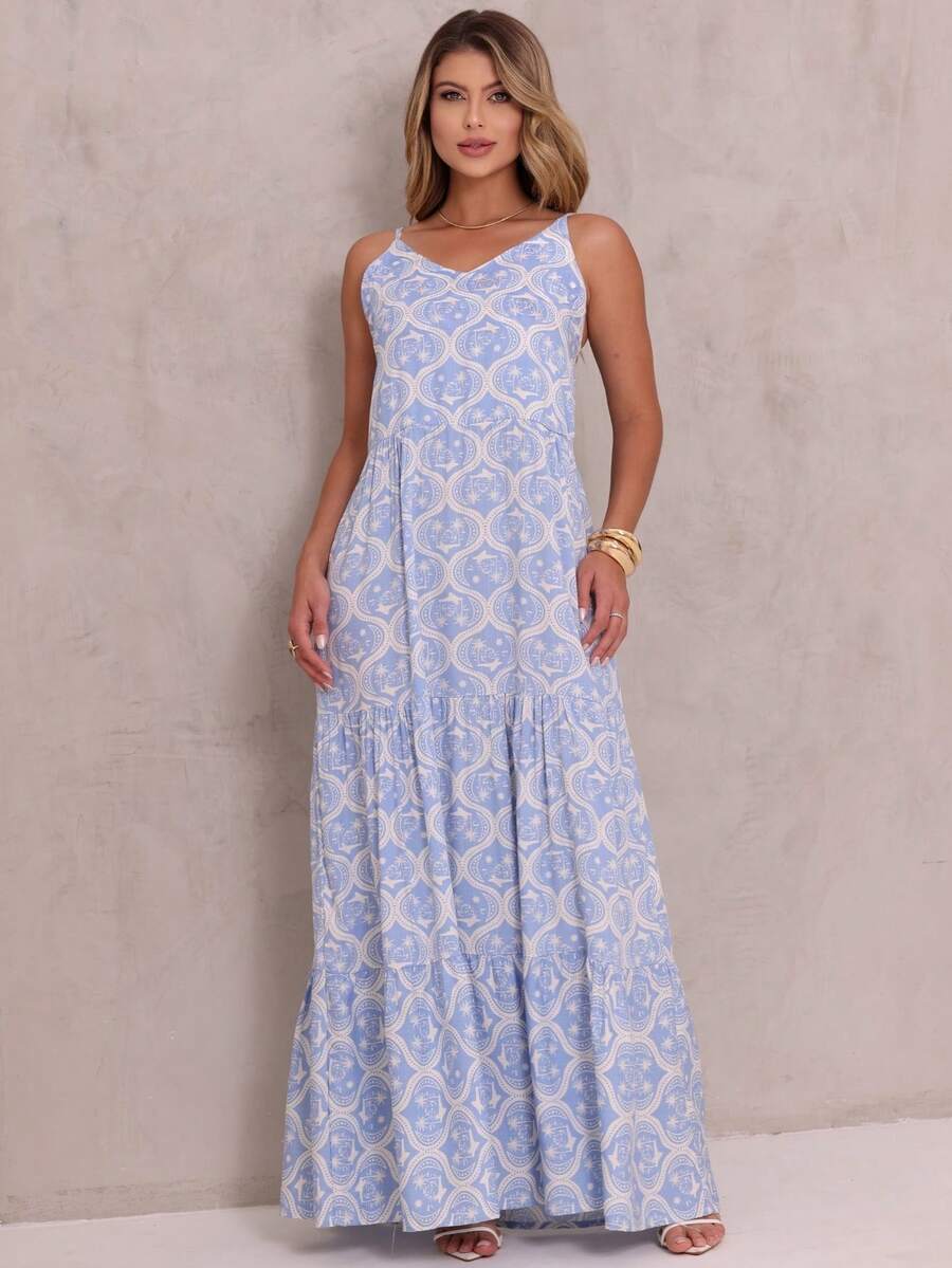 Women's Long Viscose Dress With Adjustable Straps - Blue and White - View 1