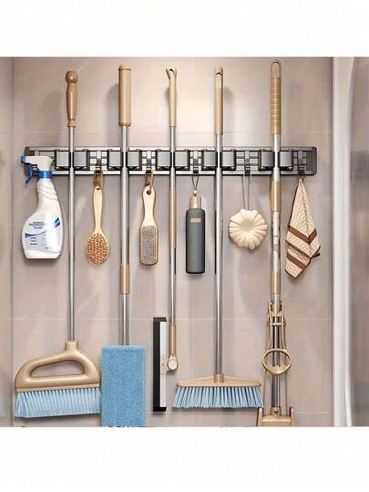 Space Saving Mop And Broom Holder With Adjustable Hooks - Home, Bathroom, Kitchen, Garden, Laundry Room, Garage Wall Mount Organizer - Tool And Equipment Storage Solution, Rack Bathroom Accessories