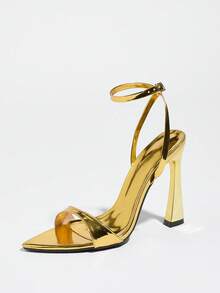 Jin Bei Qi 女士高跟鞋，适合春夏派对、户外活动、时尚场合和宴会。粗跟、尖头、亮面漆皮、踝带设计、可调节踝扣，优雅时尚，金色，舒适稳固，是舞厅舞蹈和派对的理想之选。 - 金色 - 查看 5