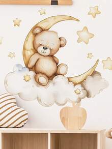 1 pieza Pegatina de pared para guardería con oso de dibujos animados durmiendo, estrellas, nube y luna, calcomanía de arte para guardería, jardín de infancia, habitación de niños, dormitorio, decoración del hogar, pegatinas de decoración de pared - Multicolor - Ver 7