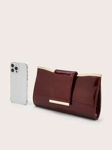 绗缝翻盖PU纯色信封包，时尚亮色派对手拿包，激光亮色链条单肩包，光泽晚宴迷你方包，适合女士约会、派对、宴会等场合 - 酒紅色 - 查看 6