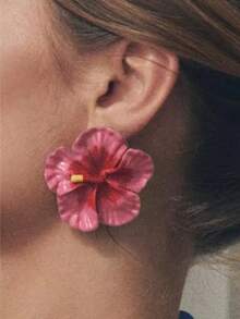 Set de 4 piezas de aretes grandes y exagerados de esmalte de colores con flores de Plumeria, joyería de mujer de moda para otoño/invierno, conjunto de joyería floral minimalista y única - Multicolor - Ver 2