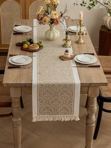 1pc Rectangular Polyester Table Runner With Colorful Tassel Fringe Decor, Kitchen/Living Room Home Decor - Coffee Brown - View 7
