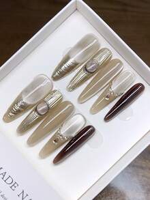 纯手工制作长椭圆形美甲贴片；手绘猫眼个性化秋冬美甲；高品质简约设计美甲贴片，覆盖式假指甲，Y2K风格美甲用品，手工按压式美甲贴片 - 彩色 - 查看 4